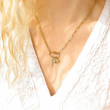 Golden Love Charm Necklace – 18K Gold Paperclip Chain with Heart, Crystal & Love Charms