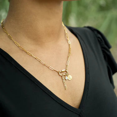 Golden Dream Charm Necklace – 18K Gold Paperclip Chain with Sunburst & Crystal Charms