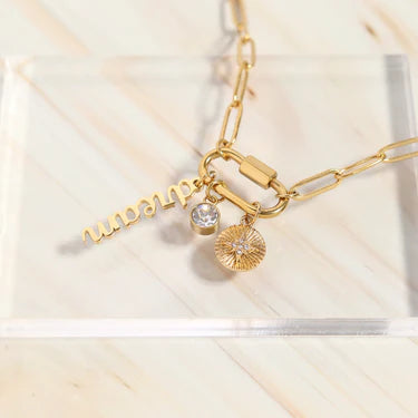 Golden Dream Charm Necklace – 18K Gold Paperclip Chain with Sunburst & Crystal Charms