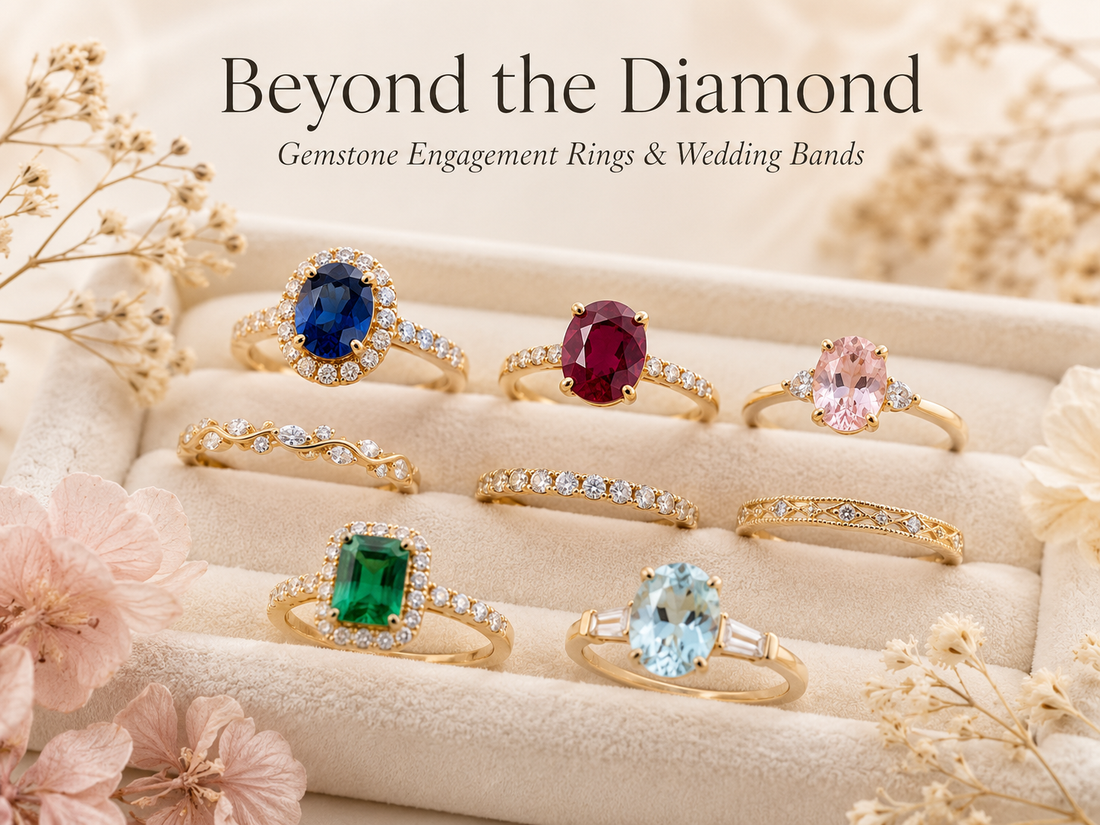 Colorful gemstone engagement rings and wedding bands featuring blue sapphire, ruby, pink sapphire, emerald, and aquamarine displayed on a soft cream velvet jewelry tray with delicate flowers.