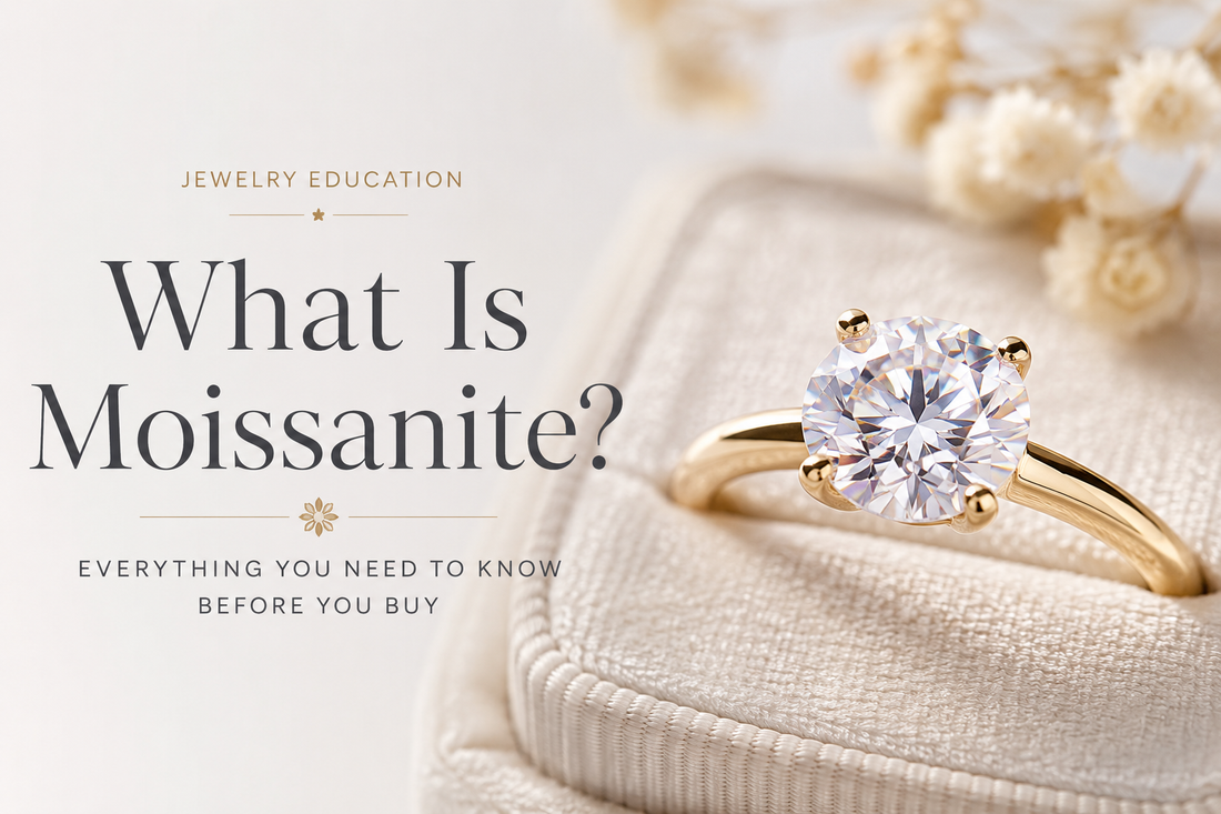 Close-up of sparkling moissanite engagement ring in 18K gold setting