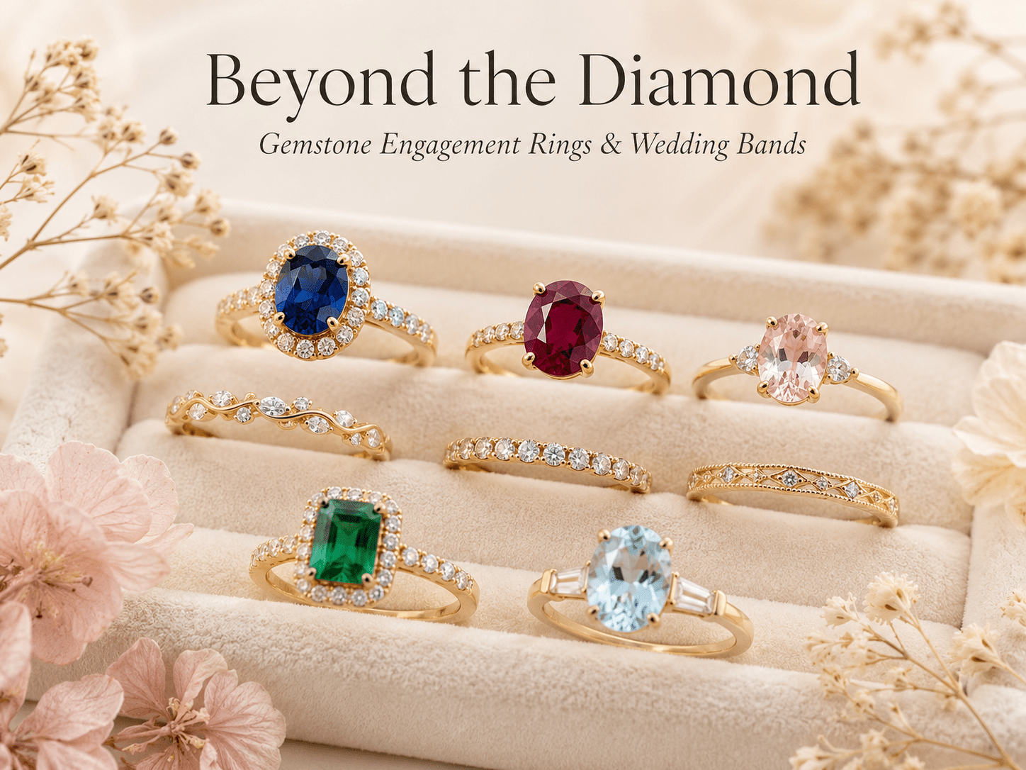 Colorful gemstone engagement rings and wedding bands with sapphire, ruby, emerald, and aquamarine on a velvet tray.