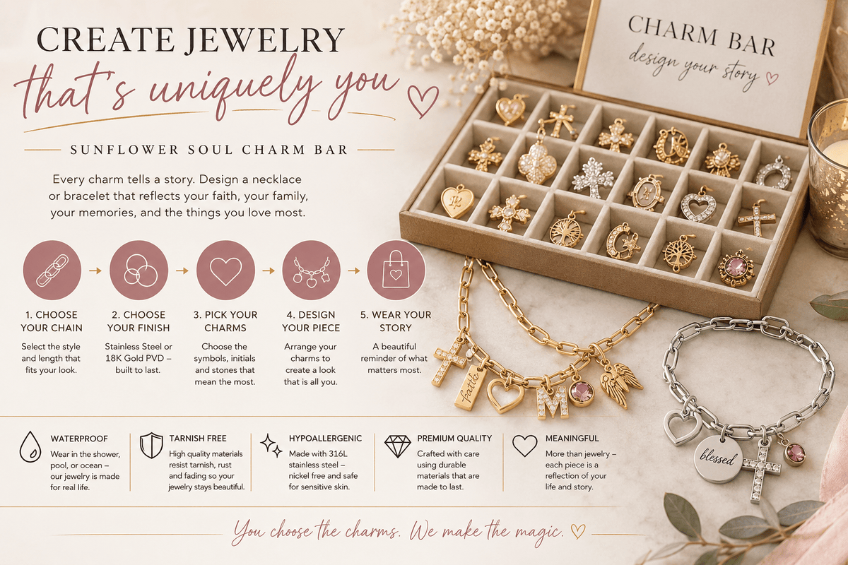 Sunflower Soul Charm Bar with customizable gold and silver necklaces, bracelets, and meaningful charms.