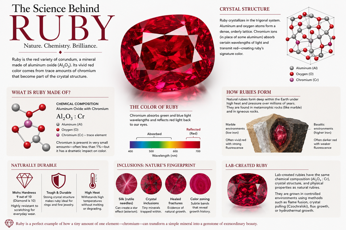 Ruby science infographic showing a red ruby, aluminum oxide crystal structure, chromium color formation, natural inclusions, durability, and lab-created ruby information.