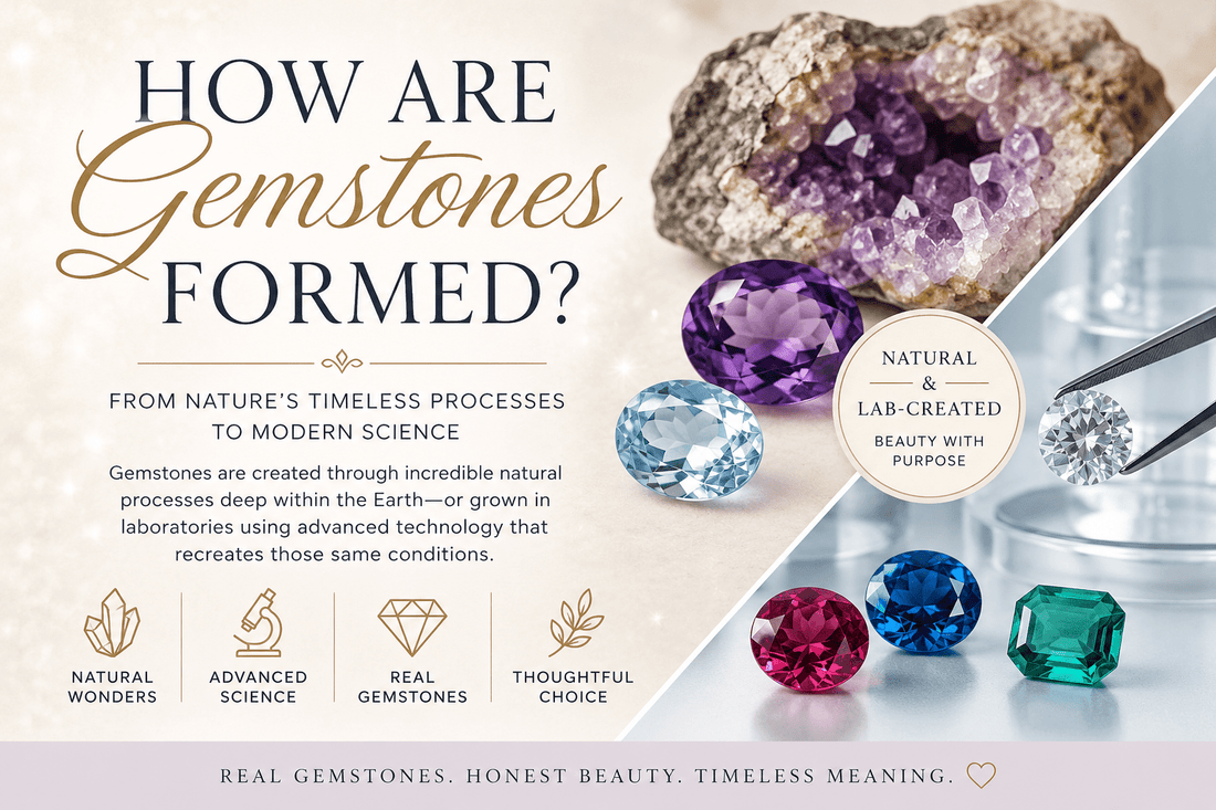 Illustration showing how natural and lab-created gemstones form, from deep within the Earth to precision laboratory crystal growth.