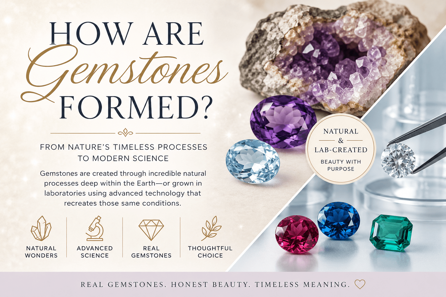 Illustration showing how natural and lab-created gemstones form, from deep within the Earth to precision laboratory crystal growth.