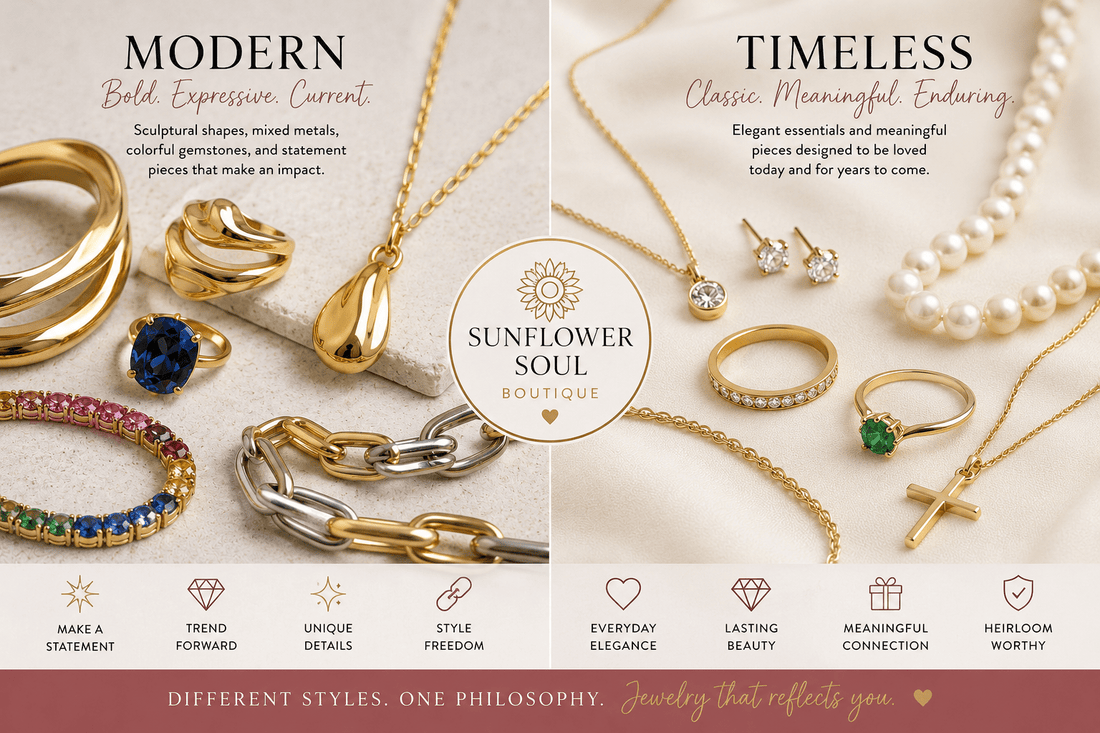 Modern and timeless jewelry with sculptural gold, gemstones, mixed metals, pearls, rings, necklaces, and a gold cross.
