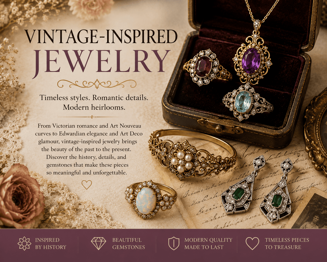 Vintage jewelry with gemstone rings, pendant necklace, pearl bracelet, Art Deco earrings, and antique jewelry box.