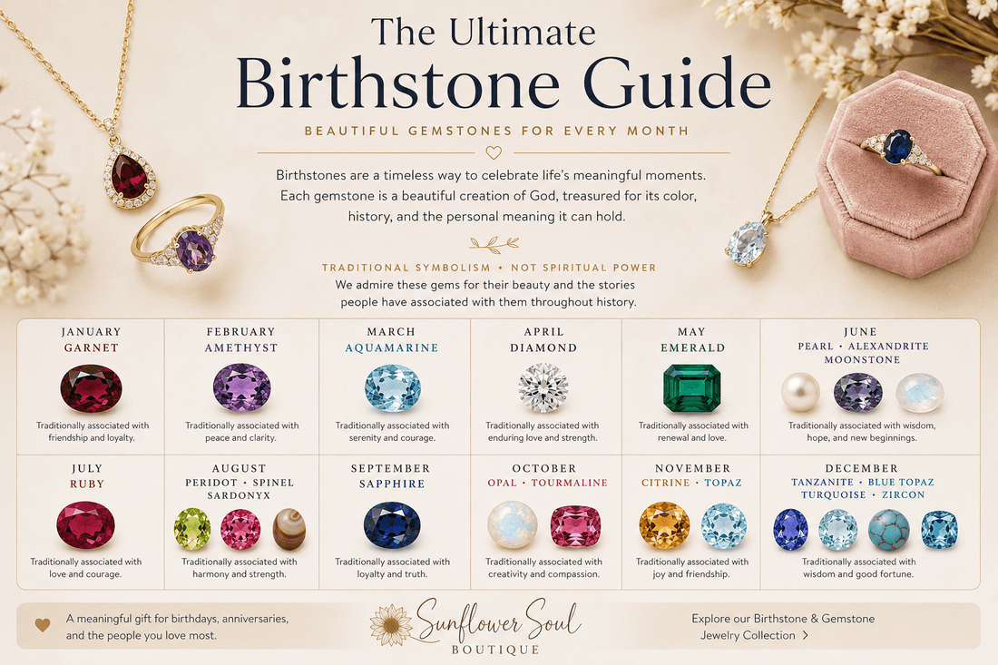 Ultimate Birthstone Guide infographic showing the 12 monthly birthstones, their traditional symbolism, and colorful gemstone illustrations from January through December.
