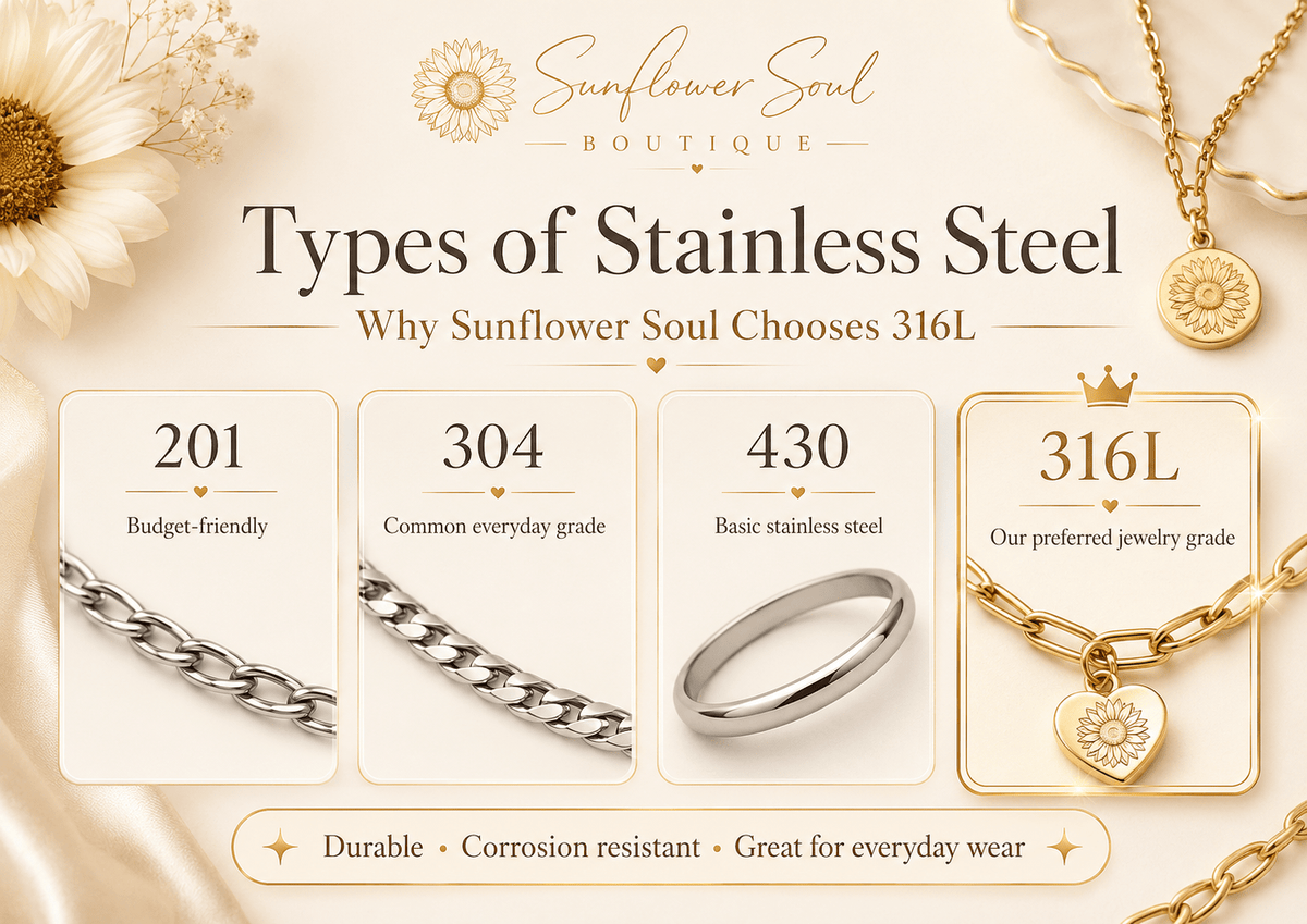 Stainless steel jewelry grade comparison showing 316L as a durable, corrosion-resistant choice for everyday wear.