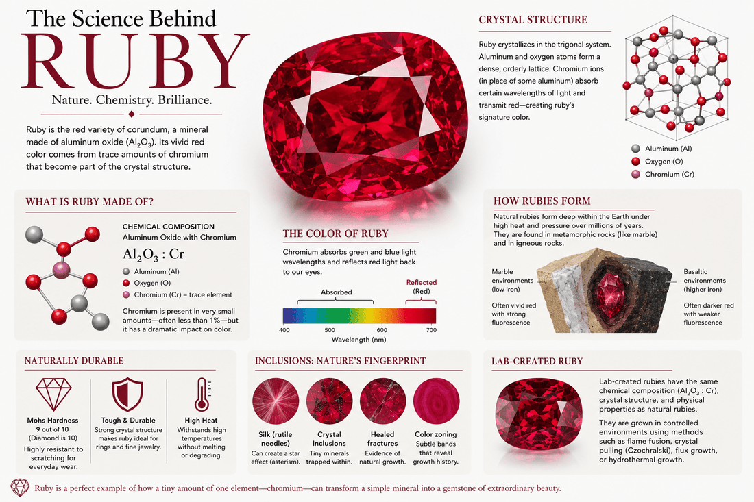 Ruby infographic showing crystal structure, chromium color, inclusions, durability, and lab-created ruby facts.