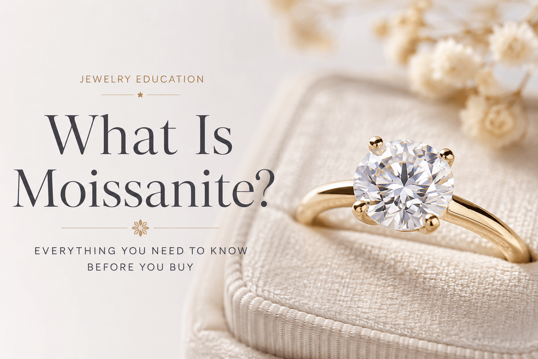 Close-up of sparkling moissanite engagement ring in 18K gold setting