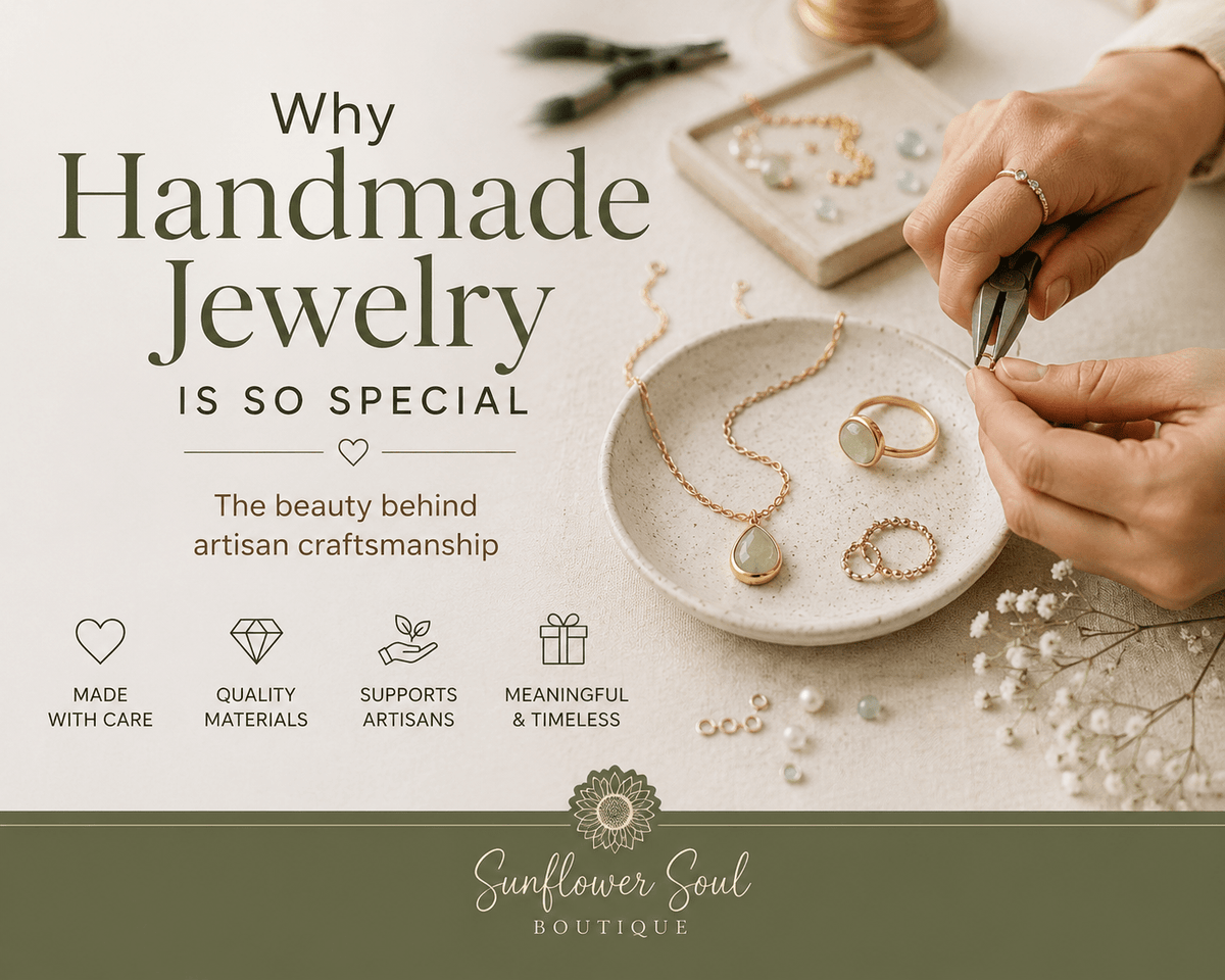 Handmade artisan jewelry arranged on a jeweler’s workbench with gold tools, gemstones, wire, and partially finished necklaces, highlighting the craftsmanship behind handcrafted jewelry.