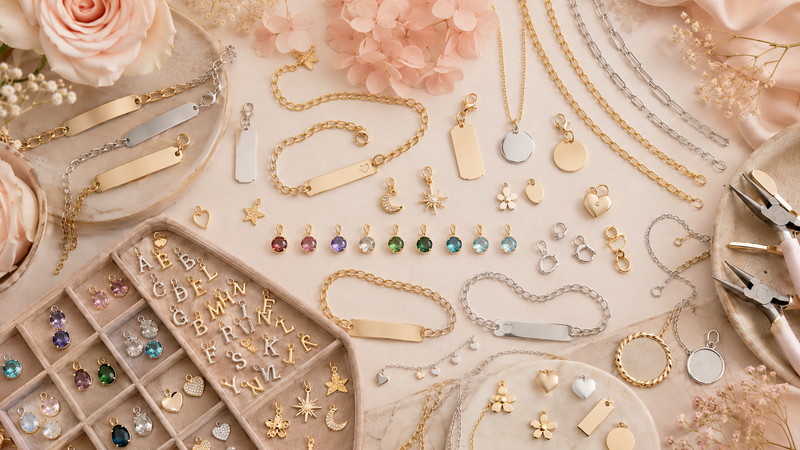 Custom jewelry engraving, charm bar pieces, chains, pendants, and jewelry-making supplies