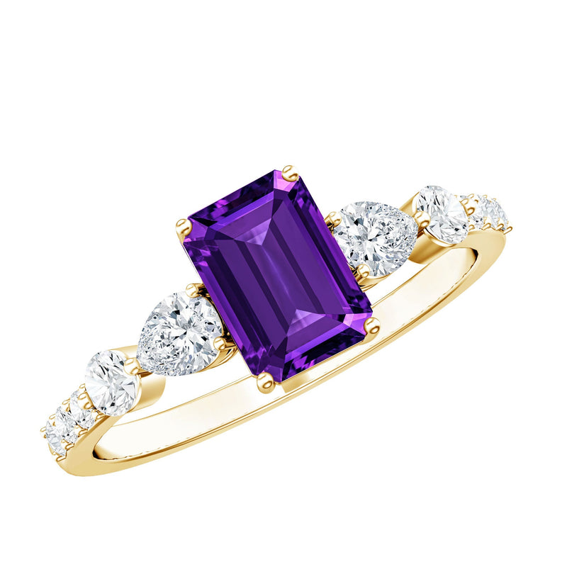Elegant amethyst jewelry collection featuring purple gemstone rings, necklaces, earrings, and bracelets.