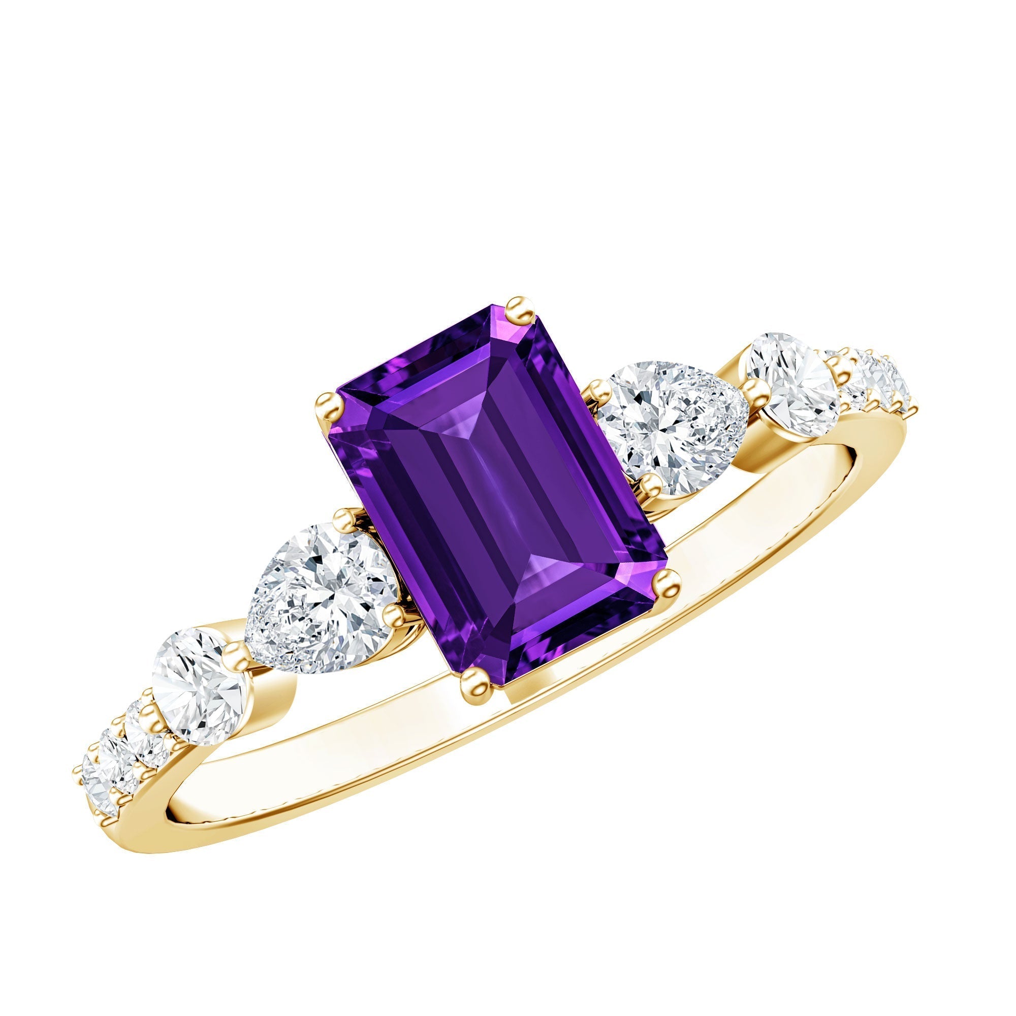 Elegant amethyst jewelry collection featuring purple gemstone rings, necklaces, earrings, and bracelets.