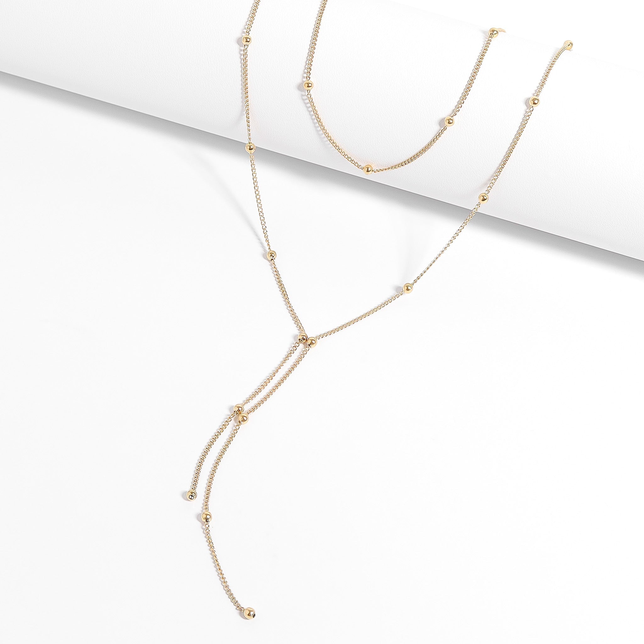 18K Gold Lariat Necklace – Double Ball Layered Stainless Steel Jewelry - Necklaces | Sunflower Soul Boutique