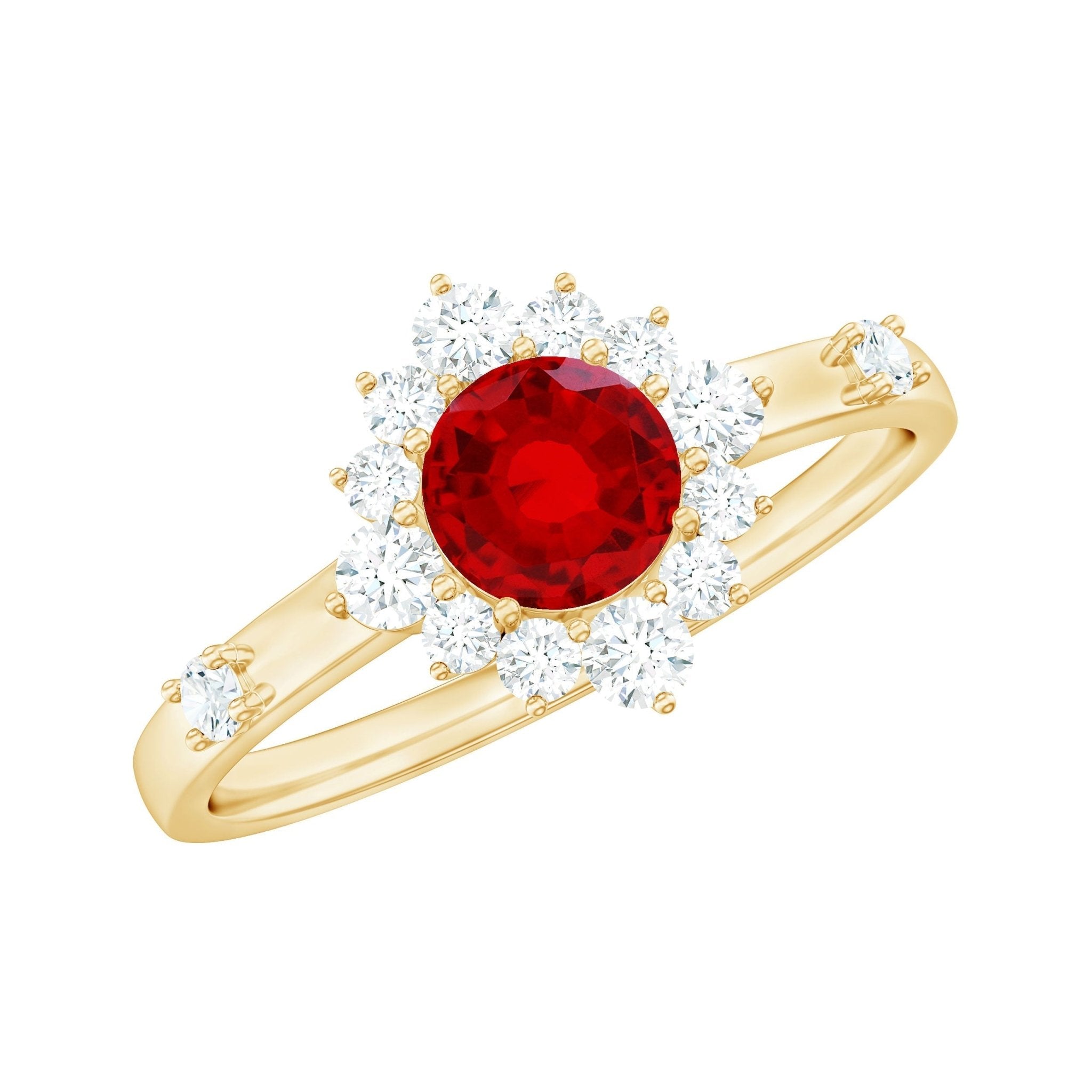 Elegant ruby rings, necklaces, earrings, and bracelets displayed on a soft luxury background for the Sunflower Soul Ruby Jewelry Collection.