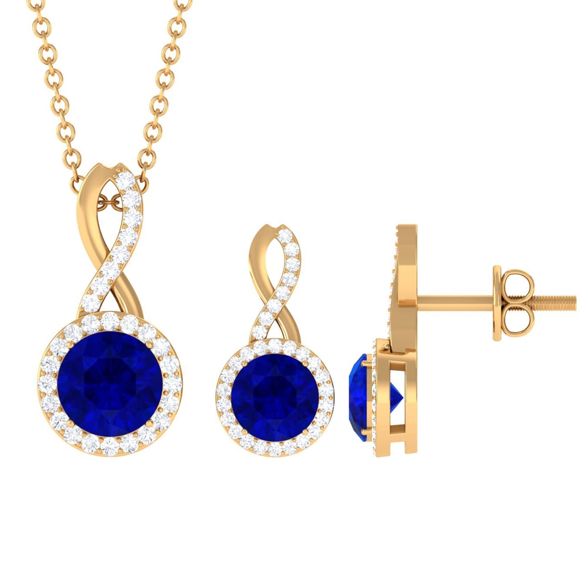 Sapphire jewelry set featuring coordinating blue gemstone earrings, necklace, and ring in an elegant gold setting.