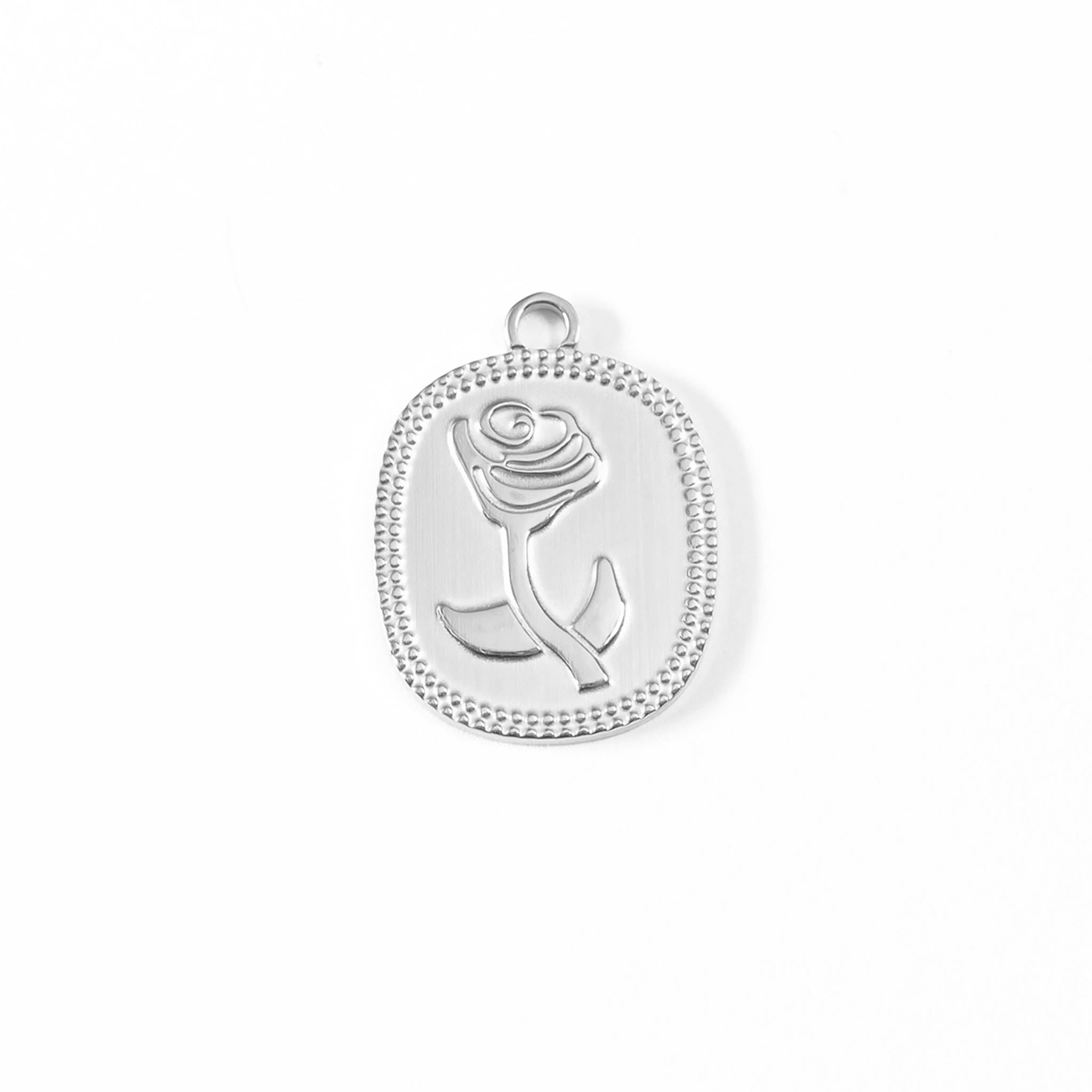 18K Gold Rose Charm – Waterproof Stainless Steel Rectangle Pendant, Hypoallergenic Jewelry