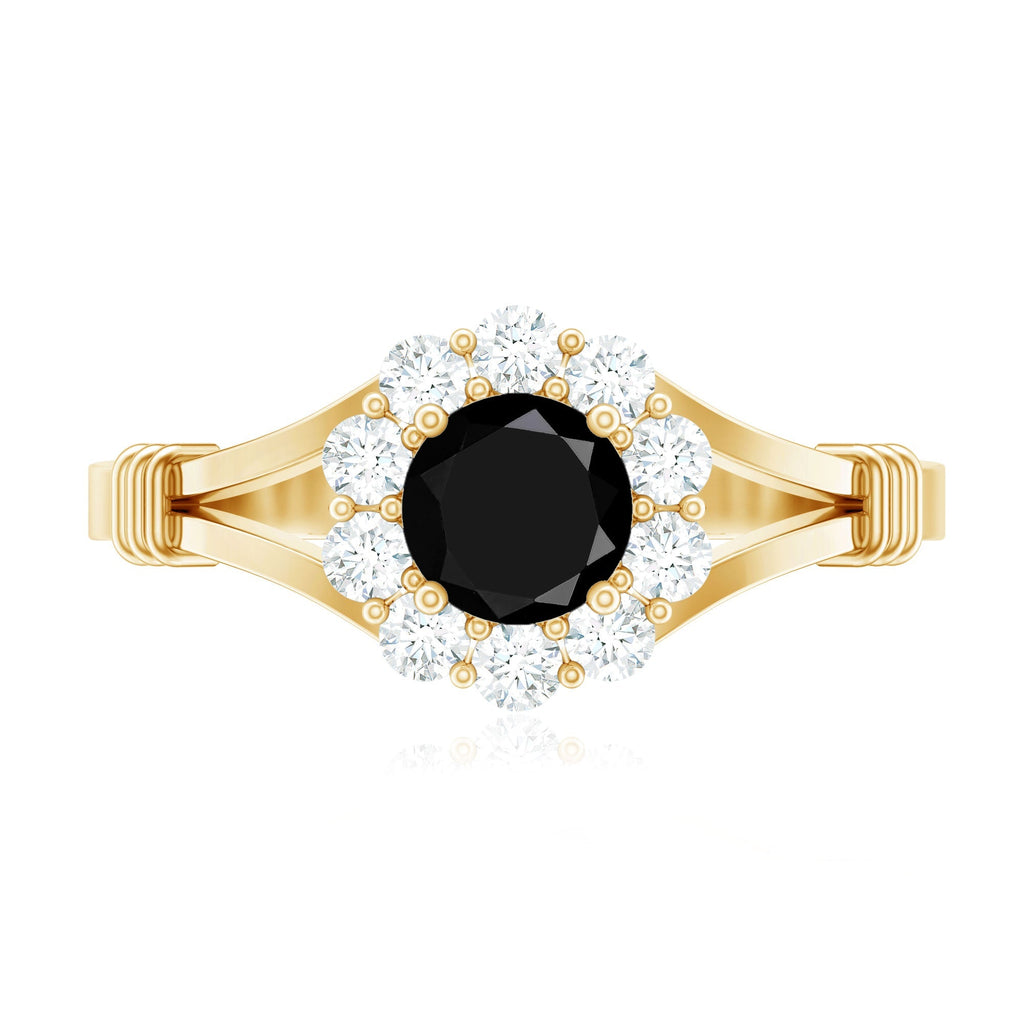 0.4 Carat Black Onyx Floral Engagement Ring with Diamond Halo