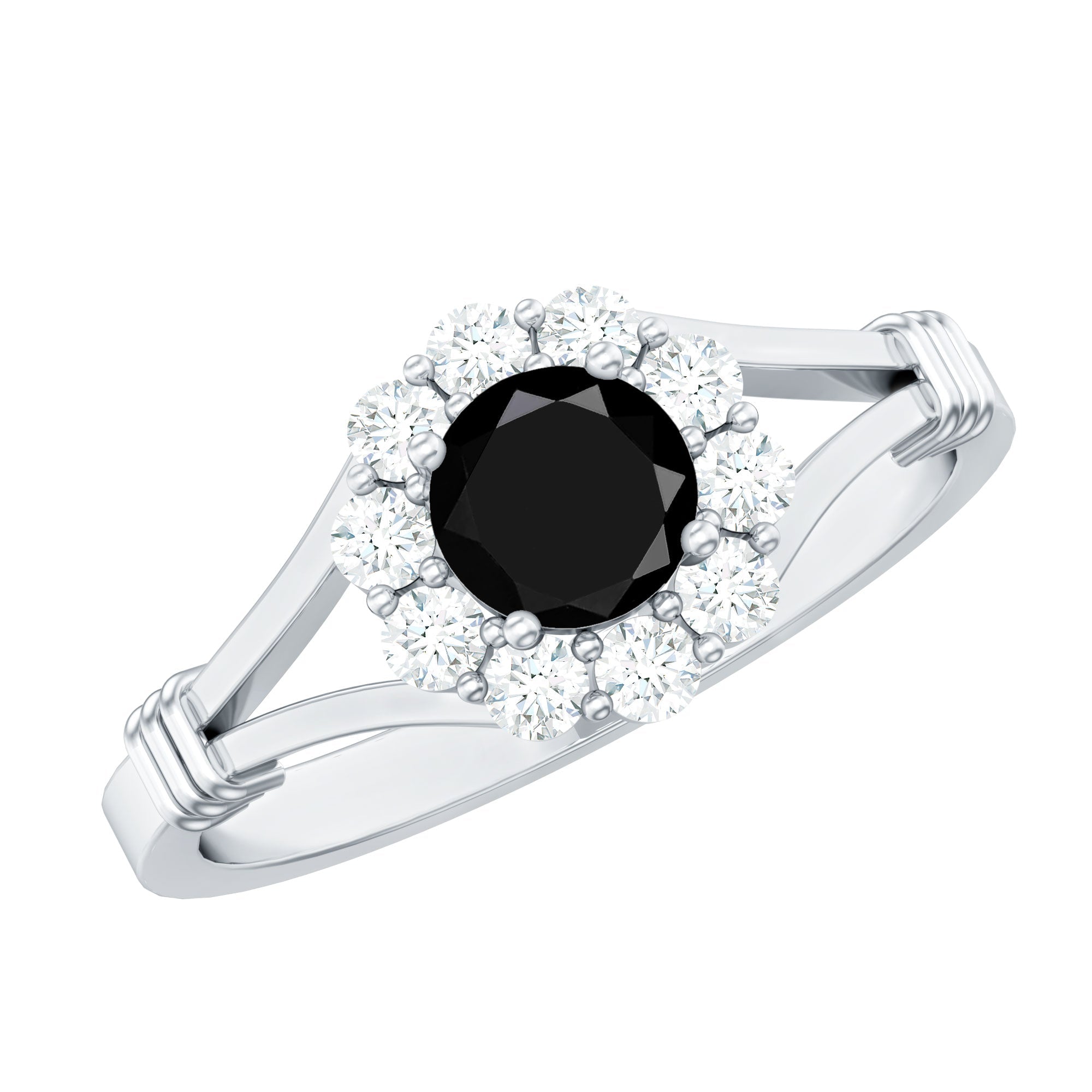 0.4 Carat Black Onyx Floral Engagement Ring with Diamond Halo