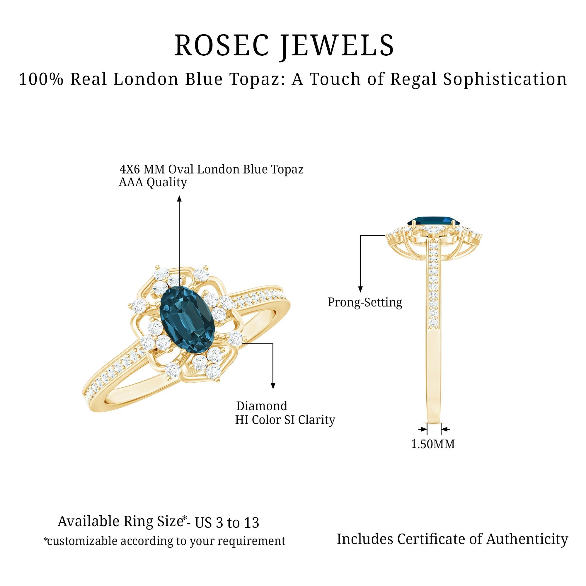 0.4 Carat Oval Cut London Blue Topaz Vintage Engagement Ring with Diamond
