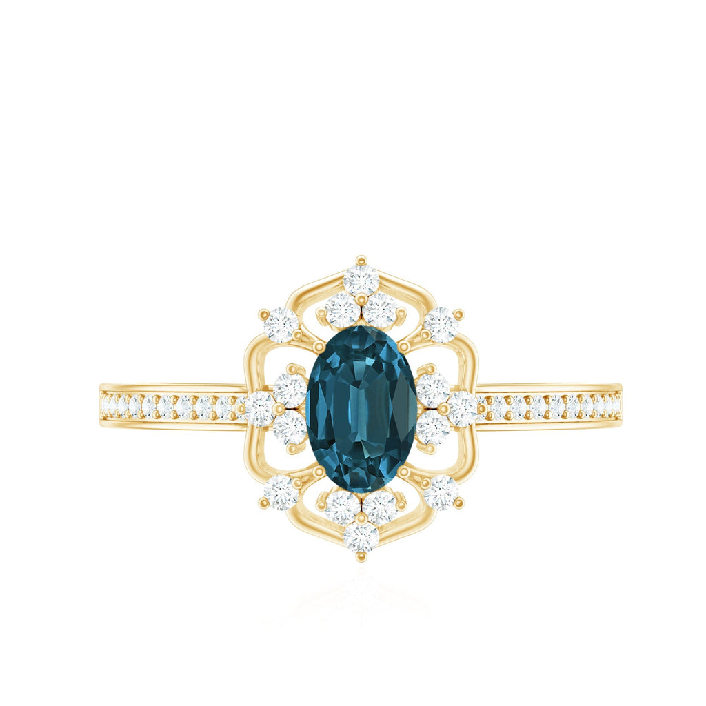 0.4 Carat Oval Cut London Blue Topaz Vintage Engagement Ring with Diamond