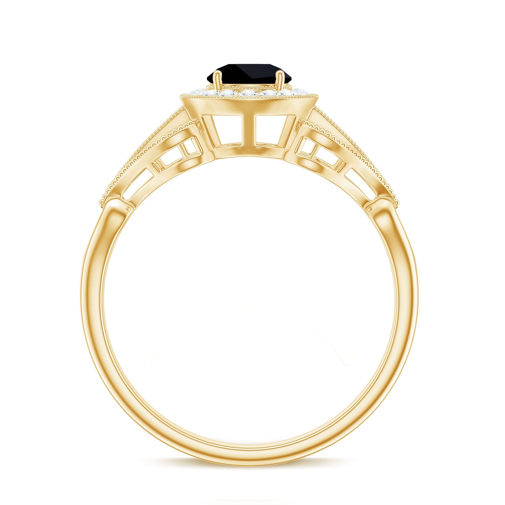0.4 Carat Round Black Onyx Vintage Engagement Ring with Diamond Halo