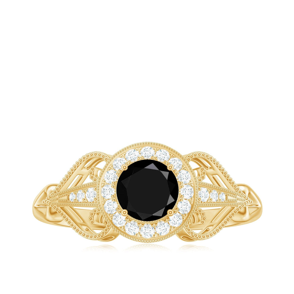 0.4 Carat Round Black Onyx Vintage Engagement Ring with Diamond Halo