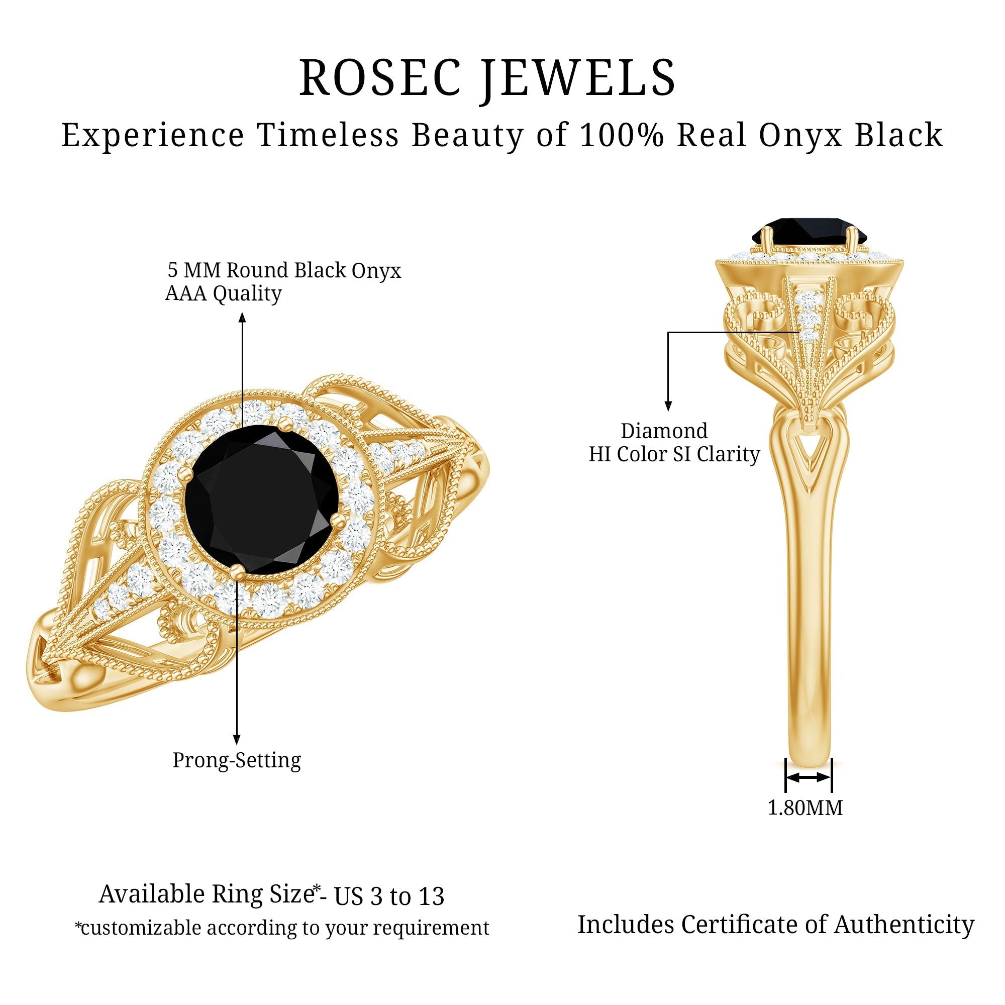0.4 Carat Round Black Onyx Vintage Engagement Ring with Diamond Halo