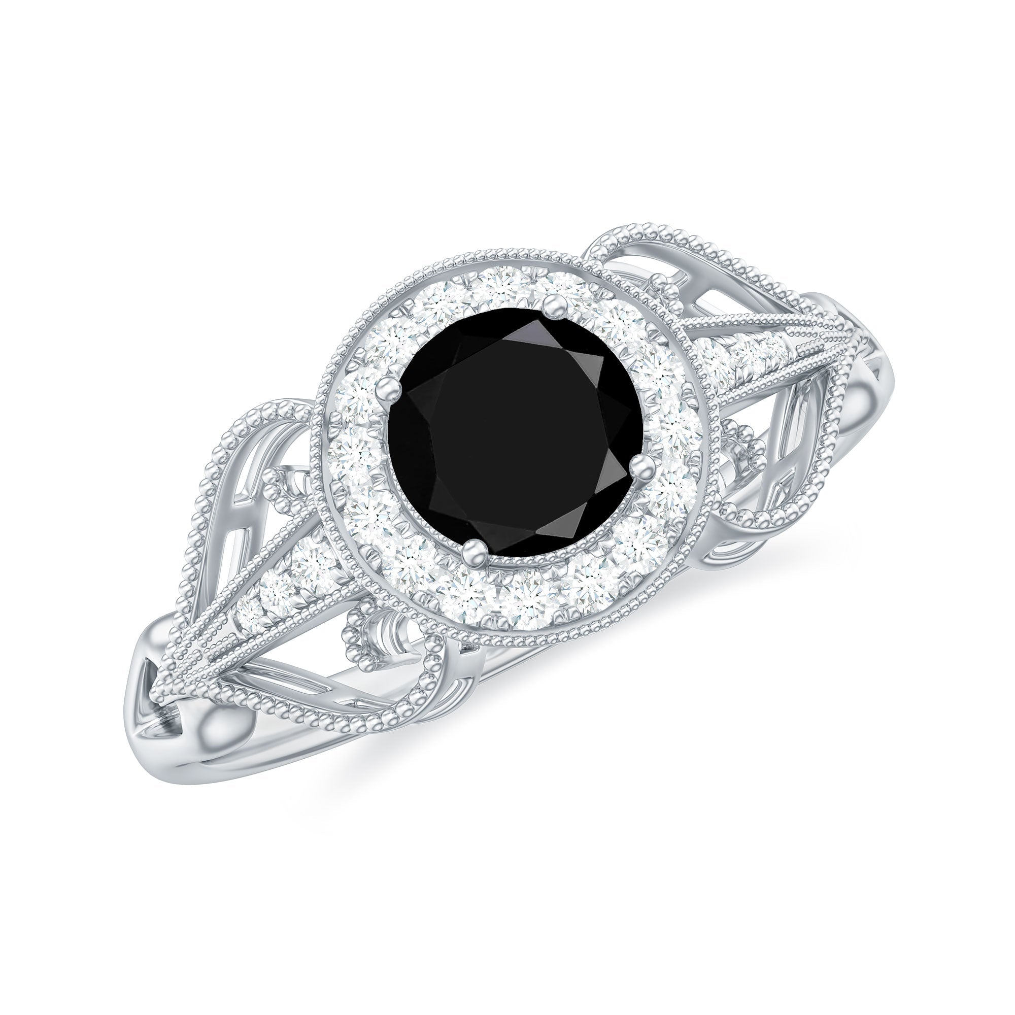 0.4 Carat Round Black Onyx Vintage Engagement Ring with Diamond Halo