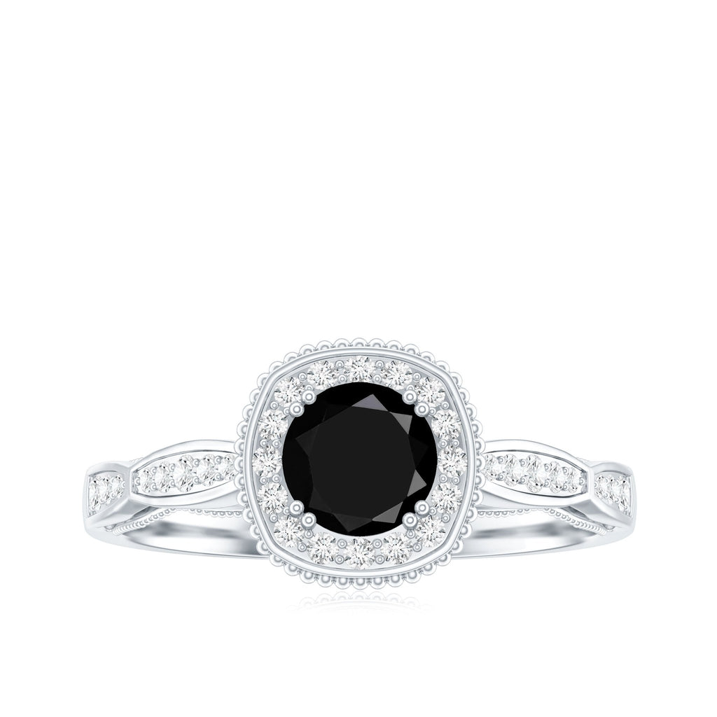 0.4 Carat Round Shape Black Onyx Vintage Engagement Ring with Diamond Halo