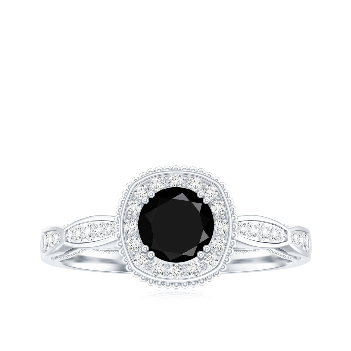 0.4 Carat Round Shape Black Onyx Vintage Engagement Ring with Diamond Halo