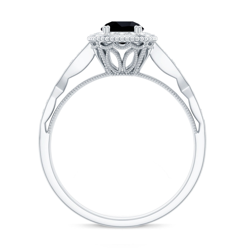 0.4 Carat Round Shape Black Onyx Vintage Engagement Ring with Diamond Halo