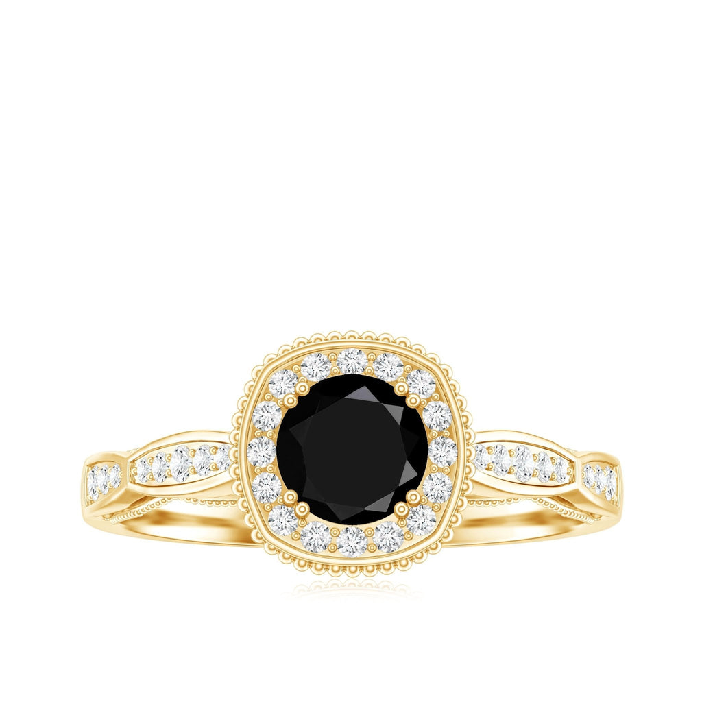0.4 Carat Round Shape Black Onyx Vintage Engagement Ring with Diamond Halo