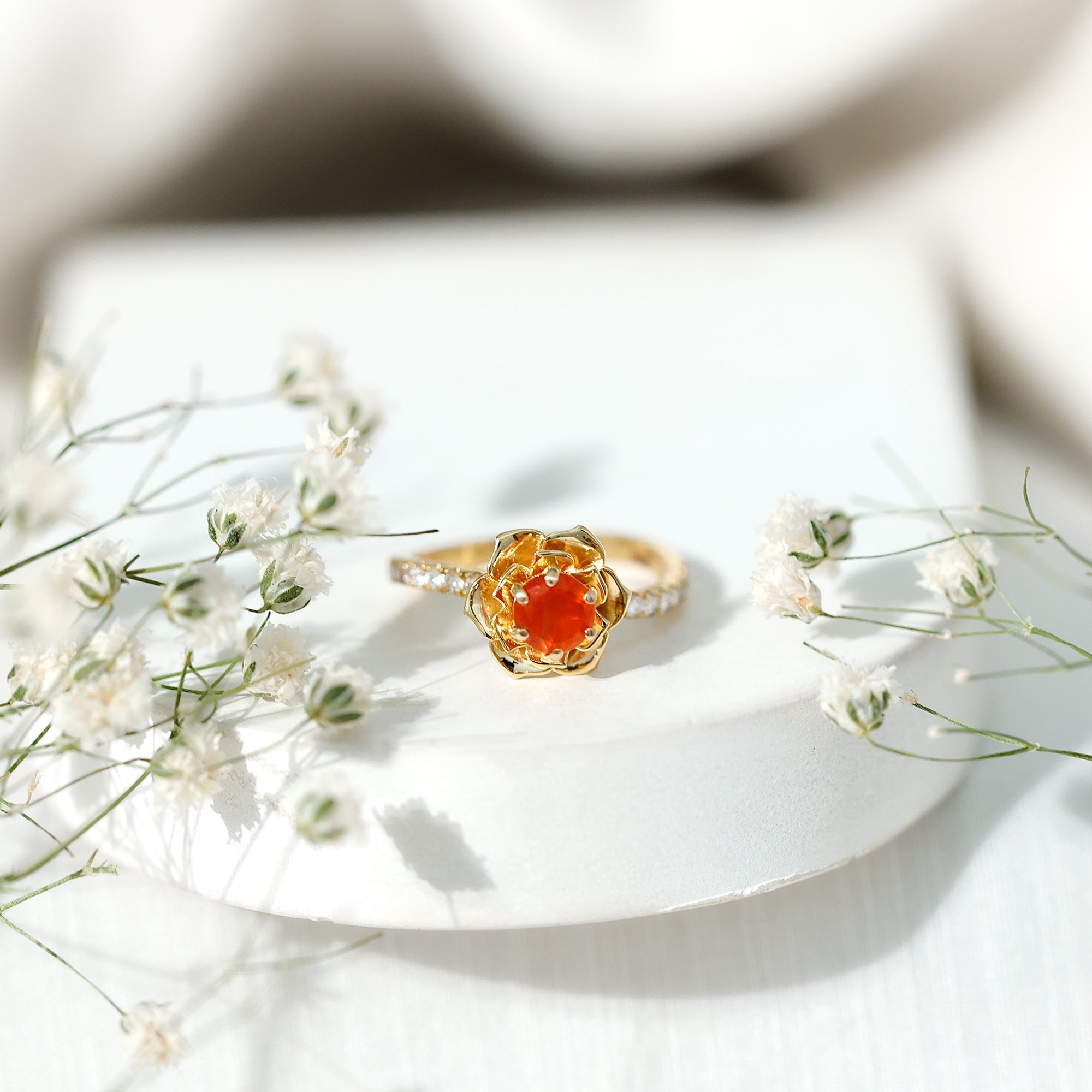 0.45 Carat Fire Opal Flower Engagement Ring with Diamond