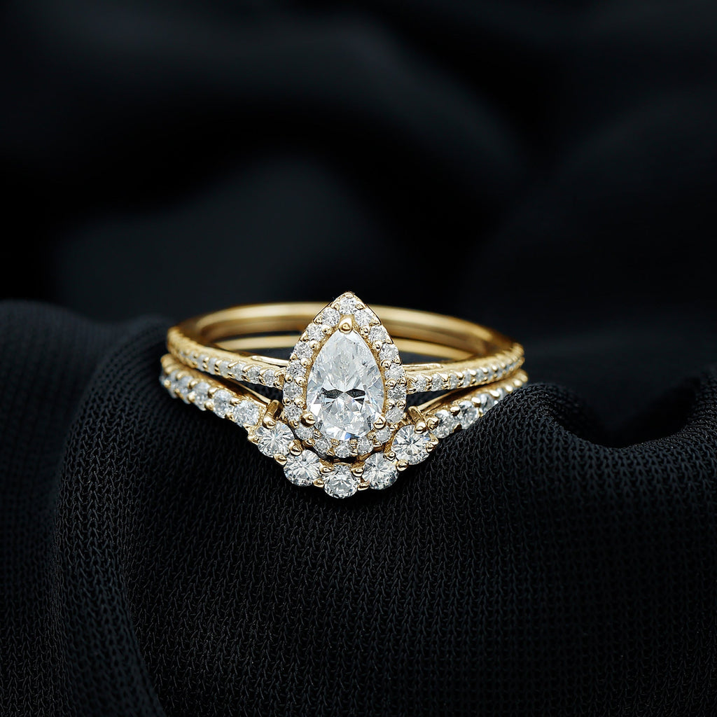 0.5 Carat Certified Moissanite Teardrop Bridal Ring Set with Halo