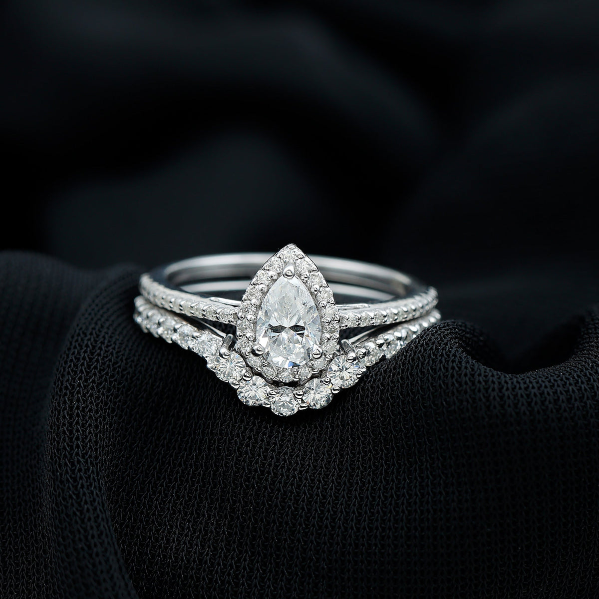 0.5 Carat Certified Moissanite Teardrop Bridal Ring Set with Halo