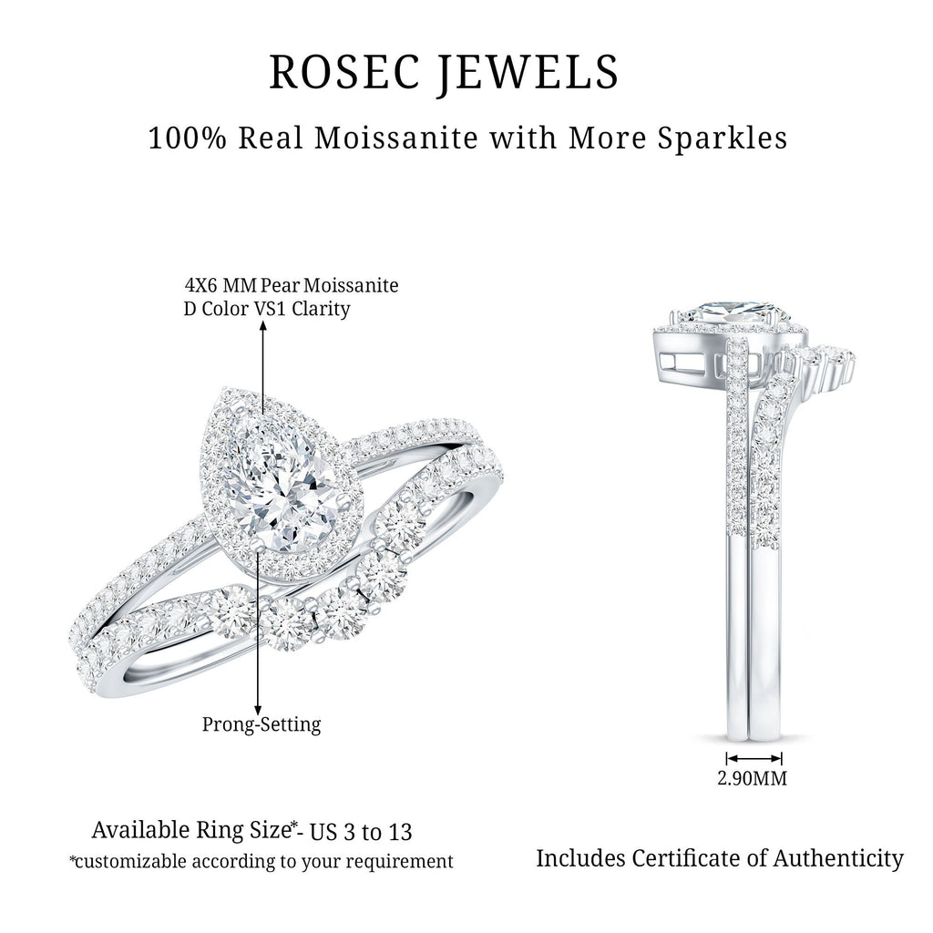 0.5 Carat Certified Moissanite Teardrop Bridal Ring Set with Halo