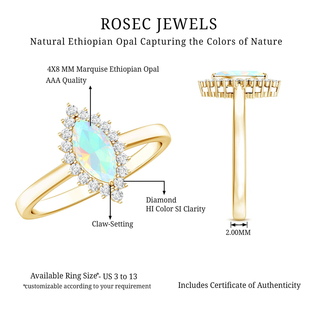 0.5 Carat Ethiopian Opal Marquise Cut Engagement Ring with Diamond Halo
