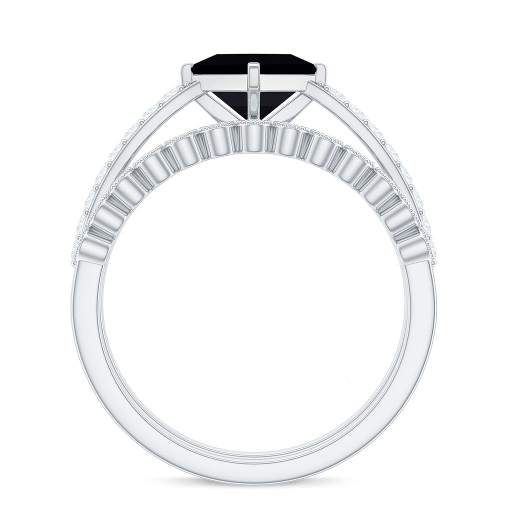 0.5 Carat Princess Cut Black Onyx Wedding Ring Set with Diamond Band