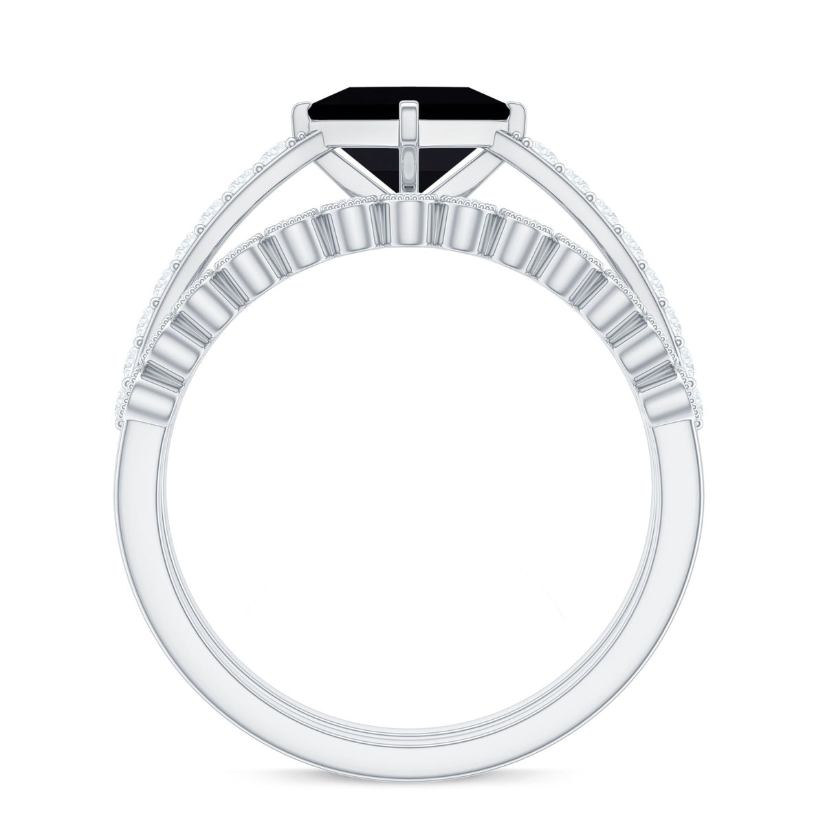 0.5 Carat Princess Cut Black Onyx Wedding Ring Set with Diamond Band