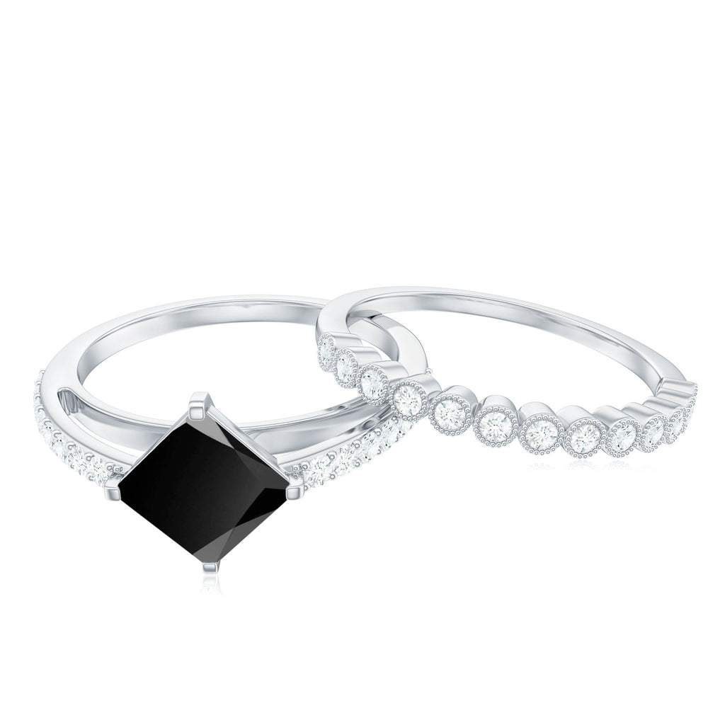 0.5 Carat Princess Cut Black Onyx Wedding Ring Set with Diamond Band