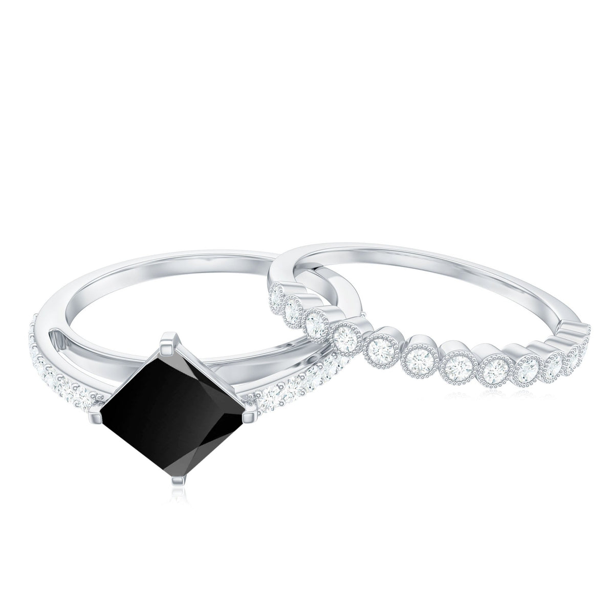 0.5 Carat Princess Cut Black Onyx Wedding Ring Set with Diamond Band