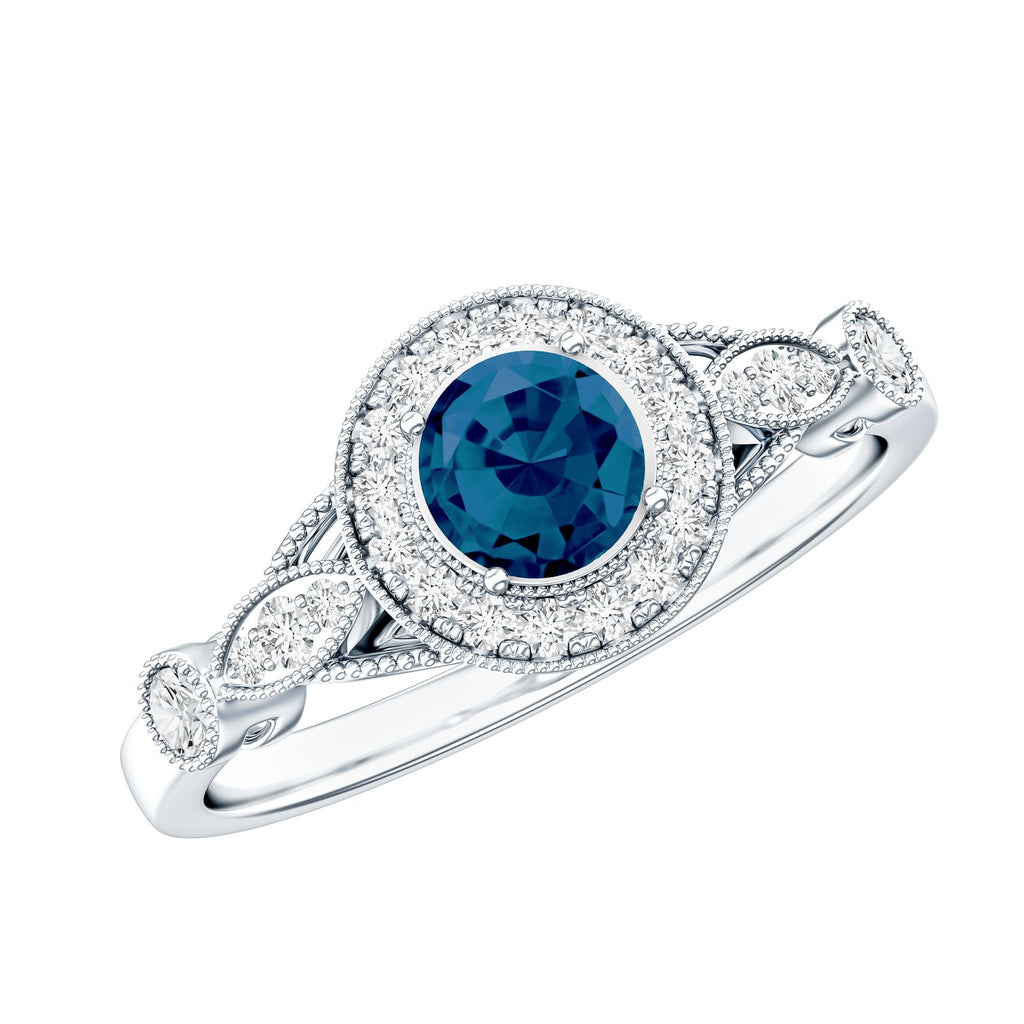 0.6 Carat London Blue Topaz Antique Engagement Ring with Diamond Halo