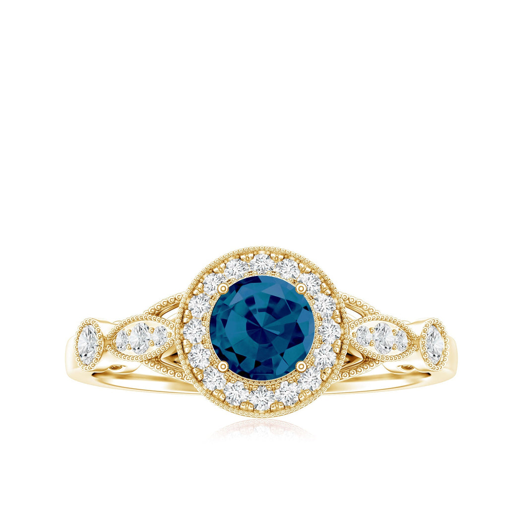 0.6 Carat London Blue Topaz Antique Engagement Ring with Diamond Halo