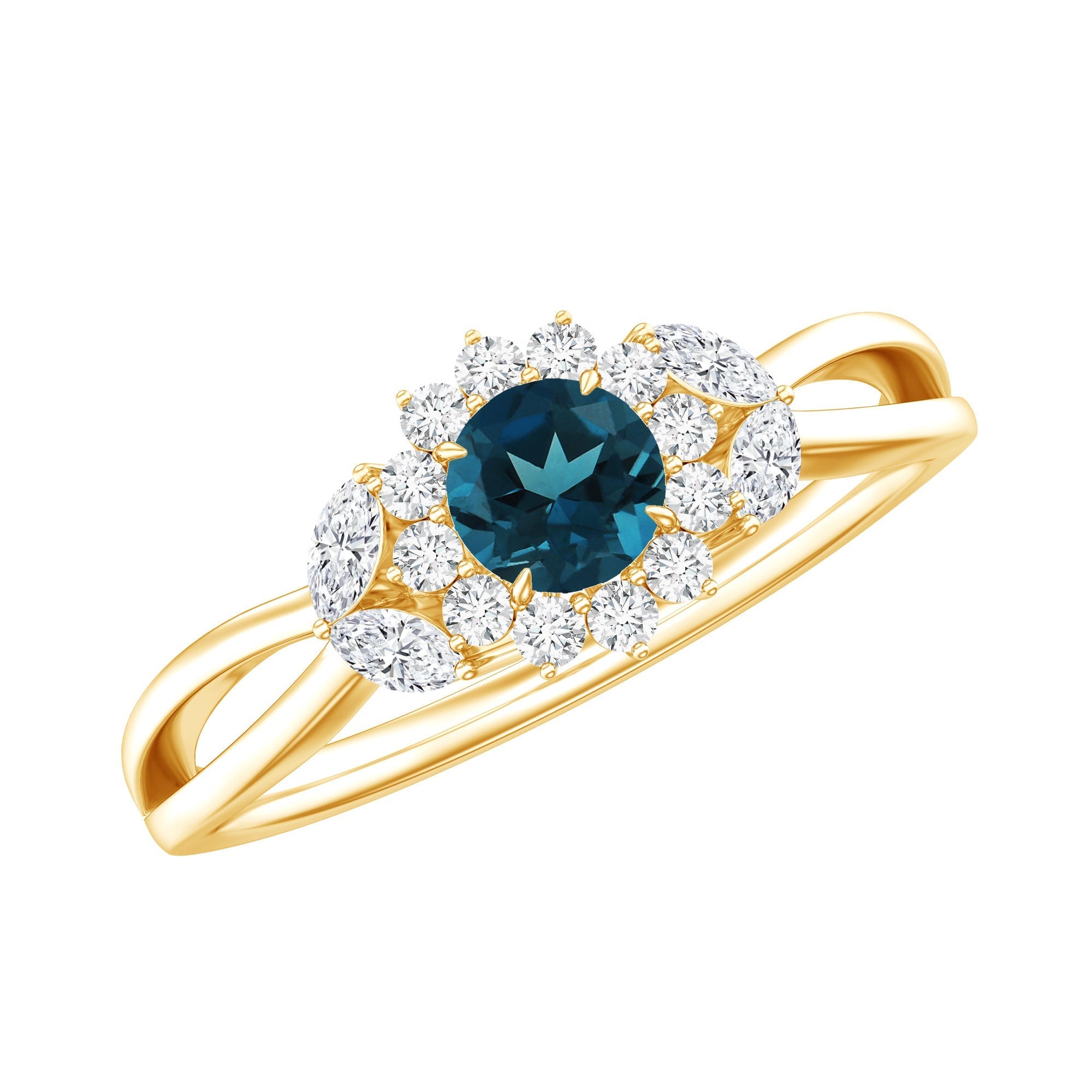 0.6 Carat London Blue Topaz Floral Engagement Ring with Diamond