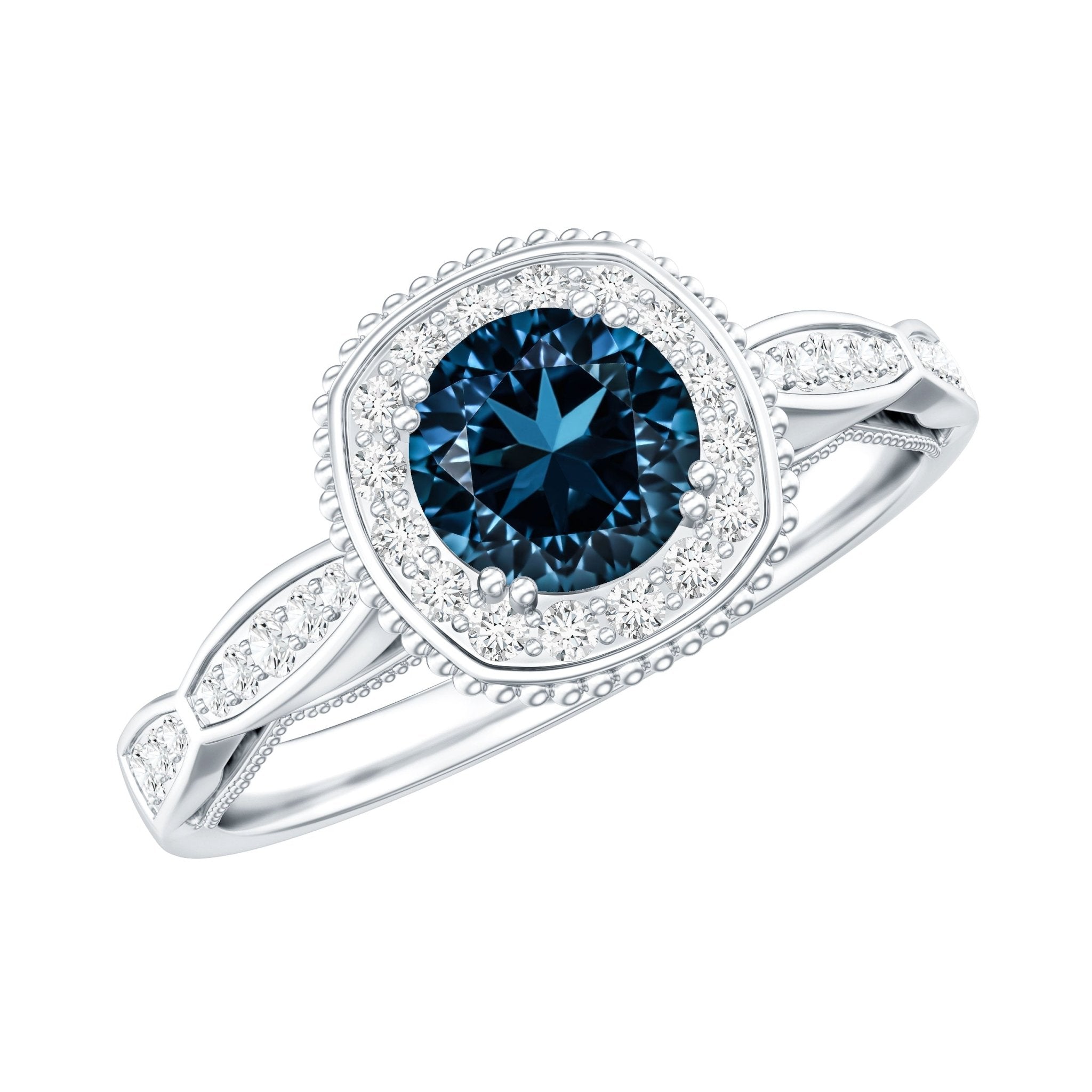 0.6 Carat London Blue topaz Vintage Inspired Ring with Diamond Halo