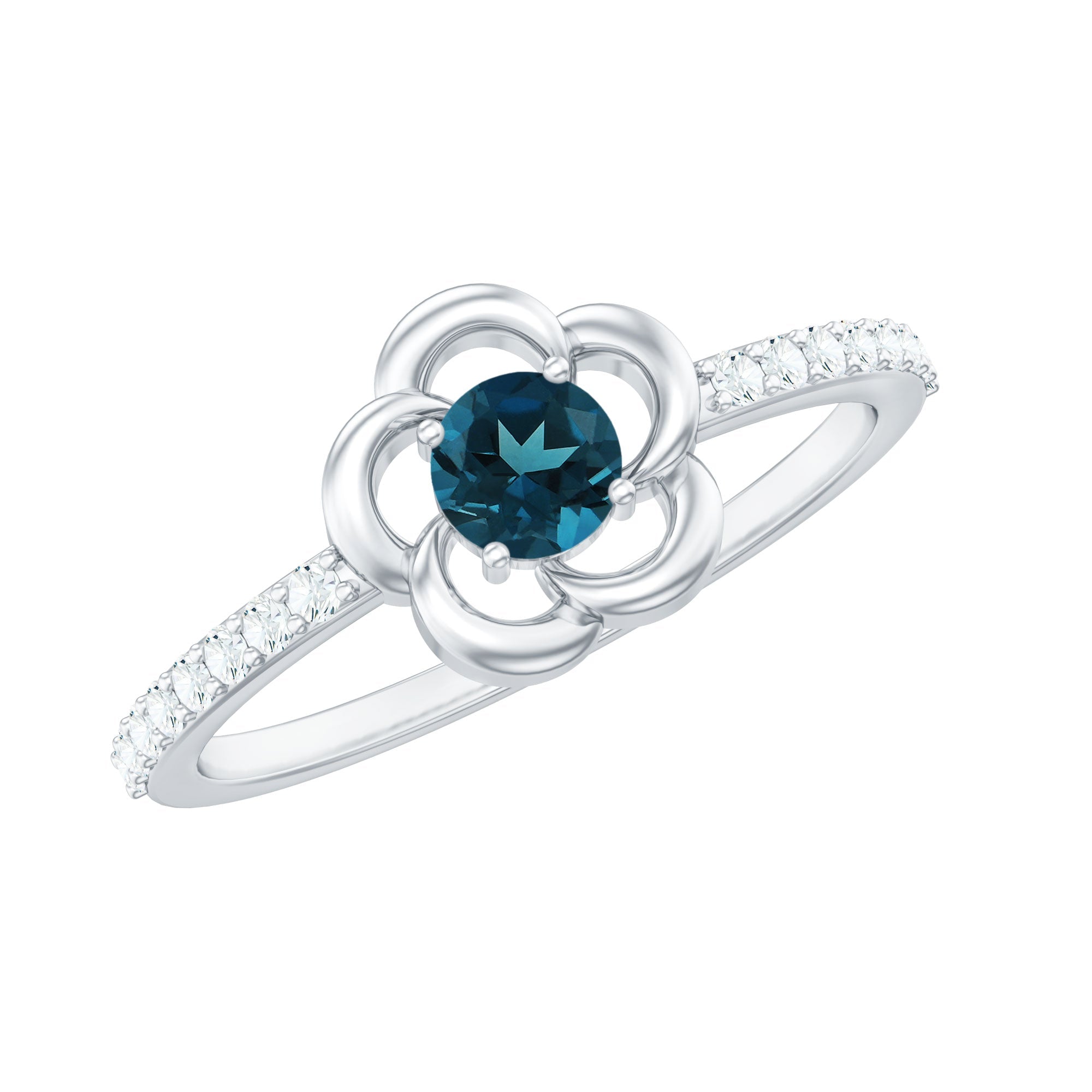 0.6 Carat Round London Blue Topaz Flower Promise Ring with Diamond